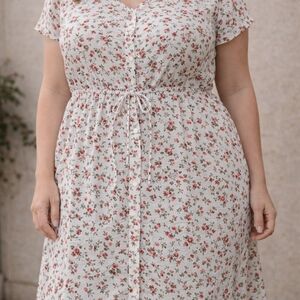 DR2 Womens SZ XL White Red Floral Sheer Mid Dress Long Tunic Romantic Spring‎